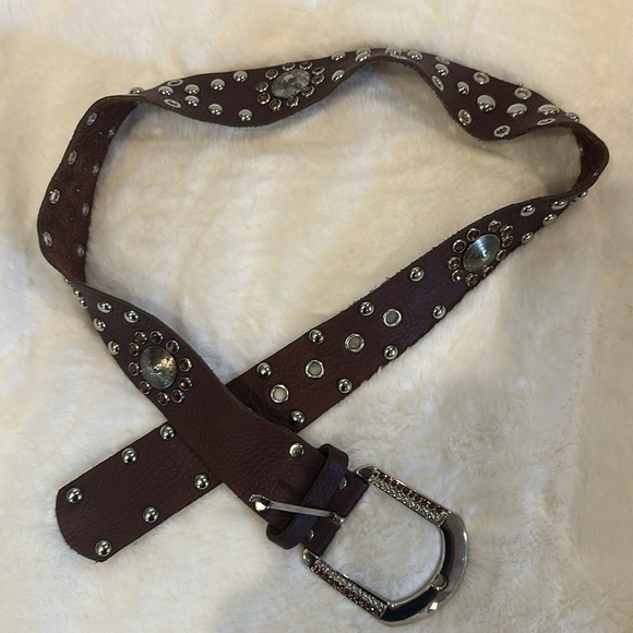Leatherock Brown Leather Studded Crystal Embellished Belt SzM - Picture 4 of 16